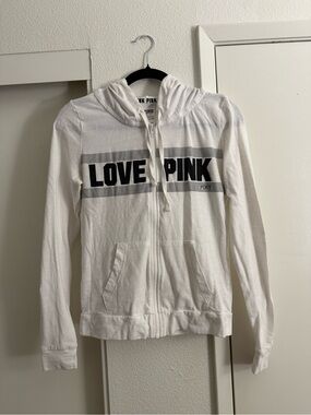 Victoria's Secret PINK White Zip Hoodie with Black 'LOVE PINK' Graphic